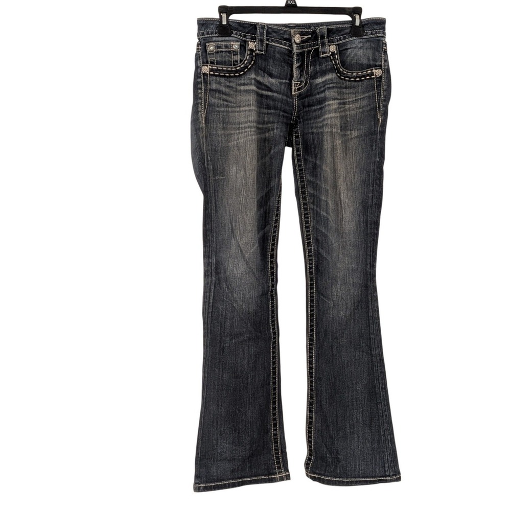 Miss Me Signature Rise Bootcut Jeans Dark Wash Fleur De Lis Bling Size 26 x 31